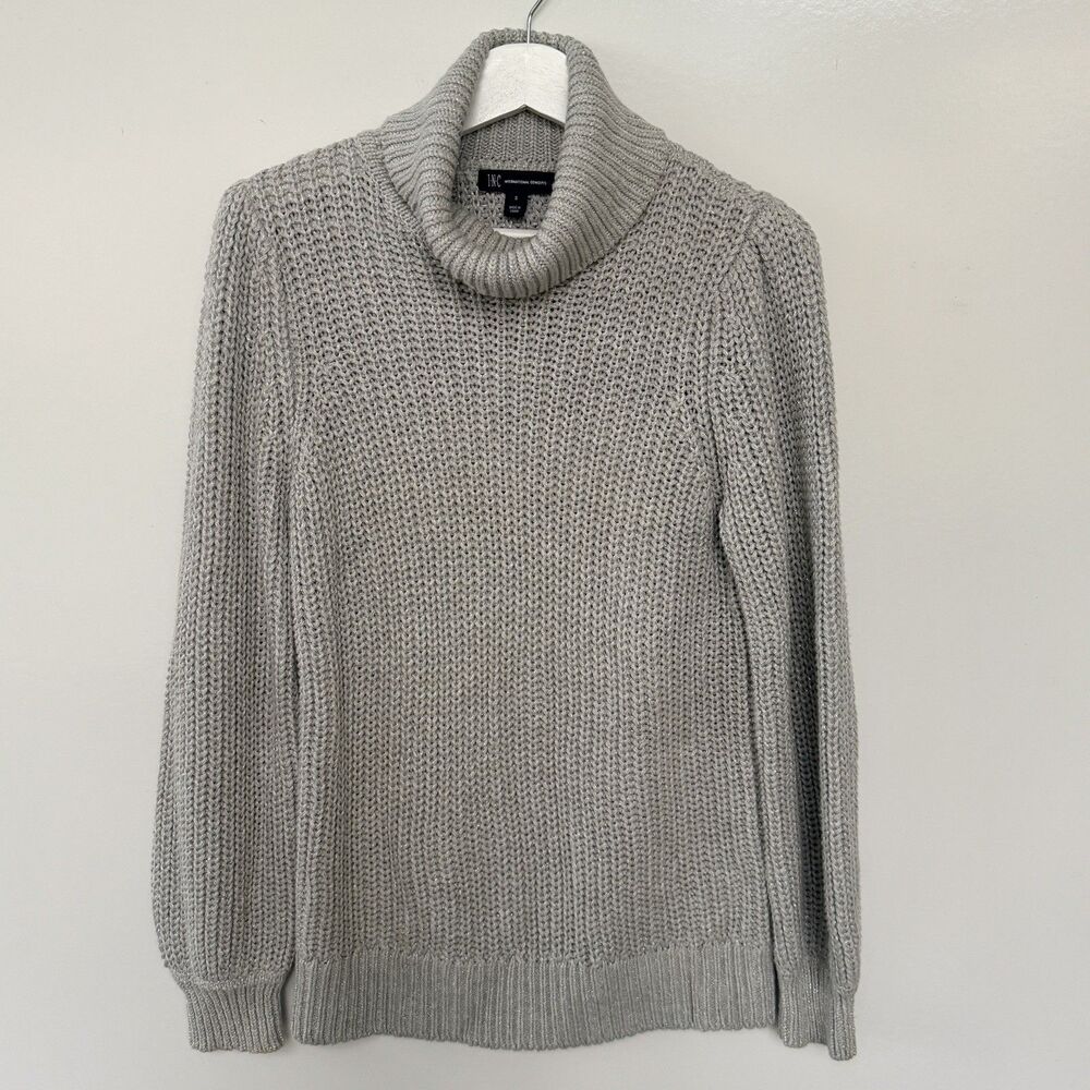 INC Concepts Women Gray Metallic Flecked Turtleneck Sweater Size S Chunky Ribbed